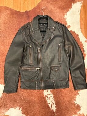 INC Mens International Distressed Black Leather Motorcycle Jacket Size Small